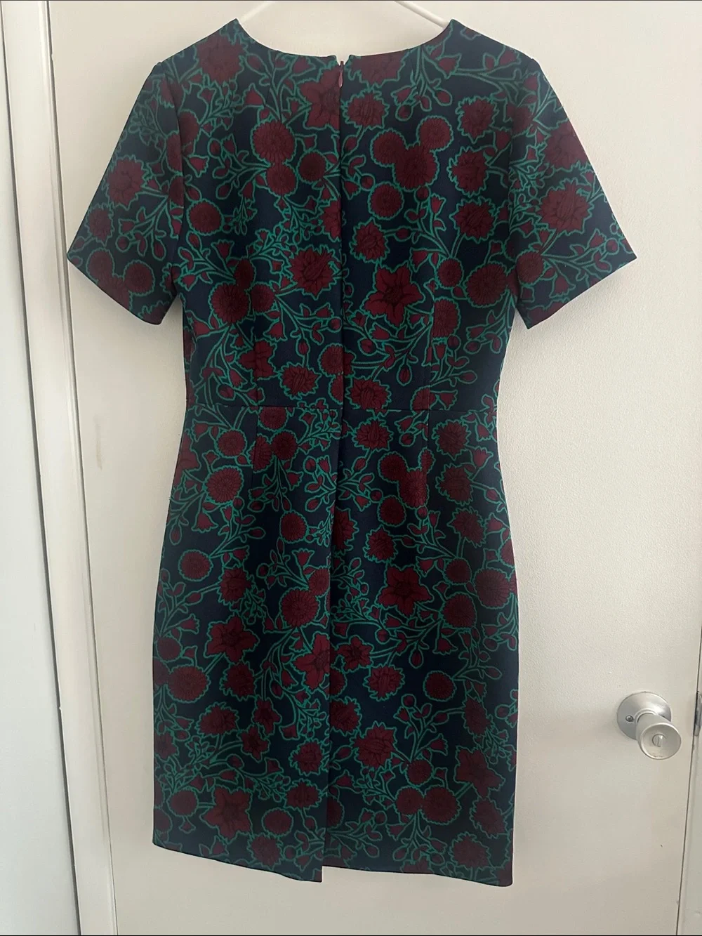 J. Crew Burgundy Floral Sheath Dress with Teal Accents